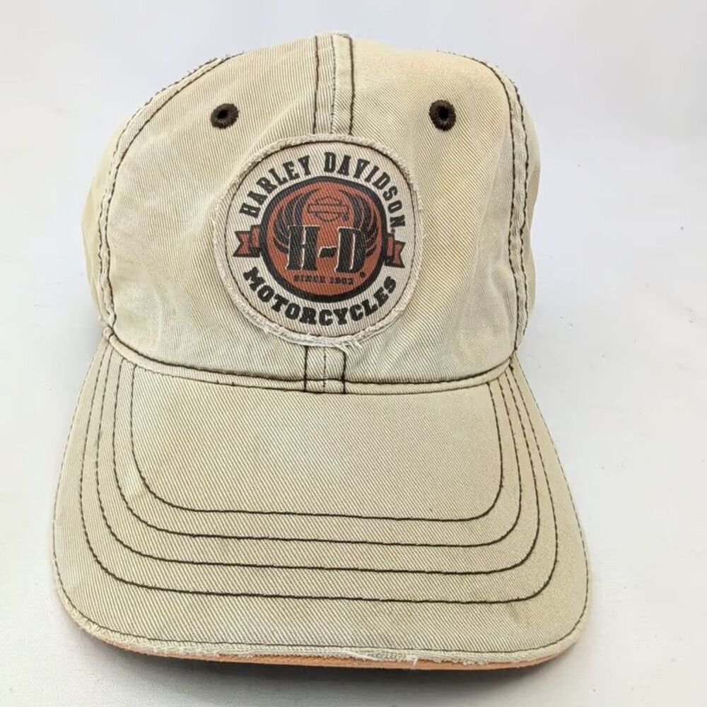 Harley Davidson Orlando Florida Hat Cap Distressed Frayed Patch Tan Adjustable